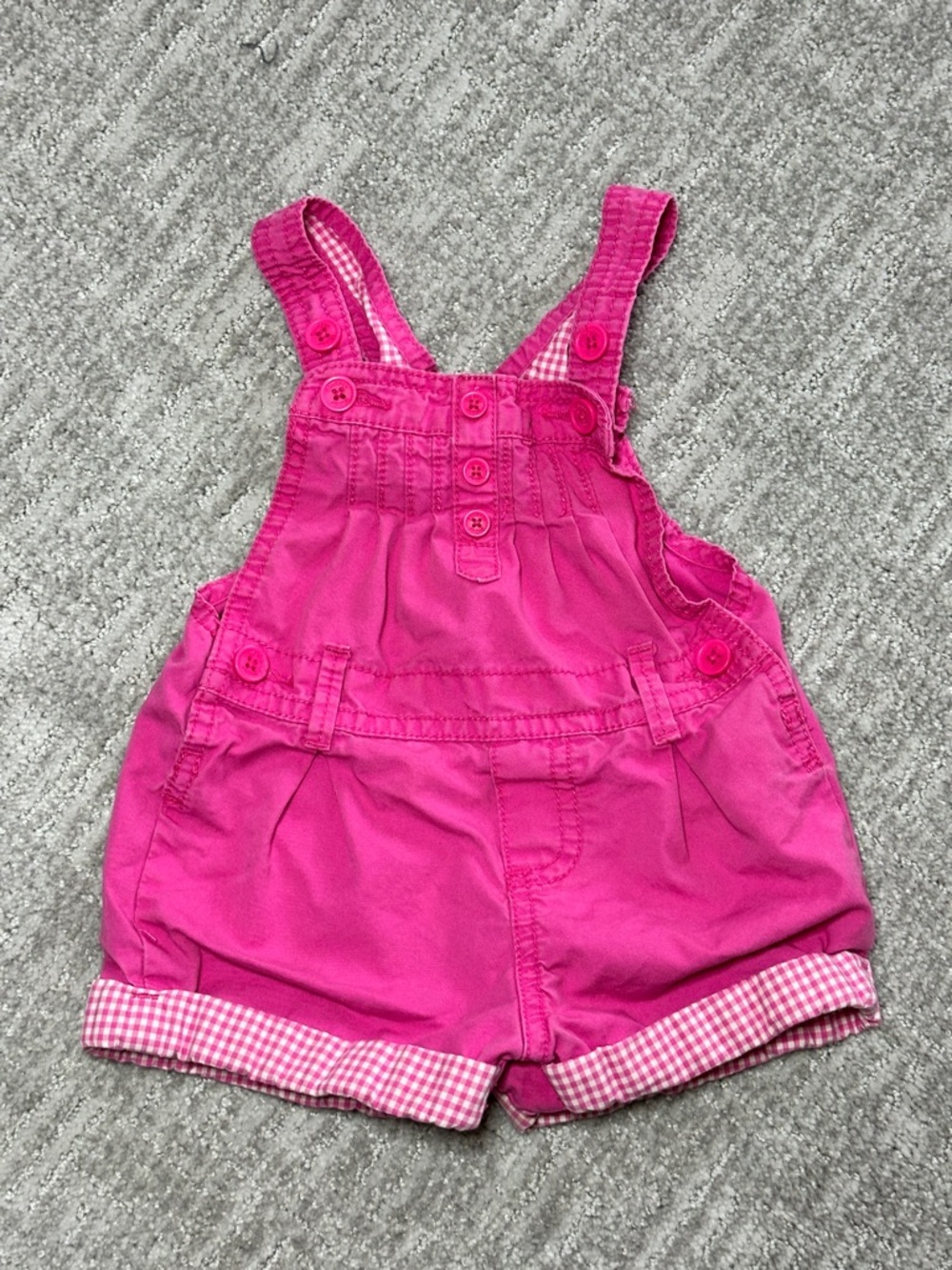 OshKosh B'gosh Bright Pink Gingham-Cuff Short Overalls | 18 months - Picture 2 of 9
